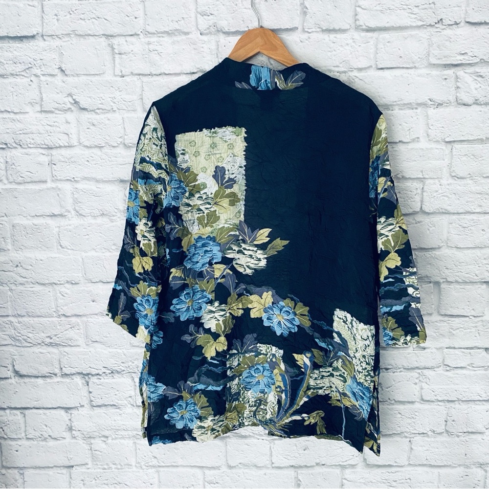 Citron Santa Monica Open Front Floral Top Blouse Asian Blue Artsy Boho Womens M